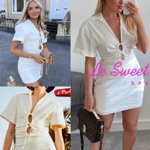 Zara linen blend stretch cutout tie front collared short sleeve white mini dress